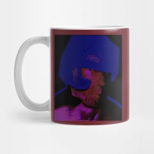 Digital collage, special processing. Strong guy in helmet. Protection, durable. Blue, red and violet. Mug